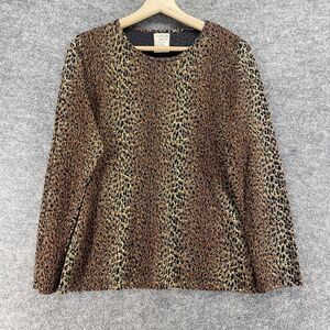 Allison Daley Blouse Women PM Petite Brown Animal Print Crew Neck Long Sleeve